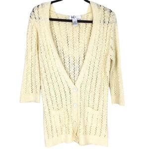 Kikit Cottage Minimalist V-neck Beachy Hooded 3/4 Sleeve Neutral Cardigan M